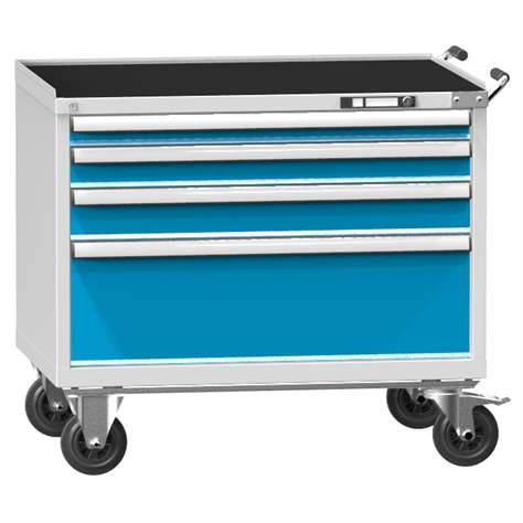 Mobiler Schubladenschrank, HxBxT: 908 x 1037 x 780 mm, 4 Schubladen, Farbe grau RAL7035/blau RAL5012 - Polak CZ, s.r.o.