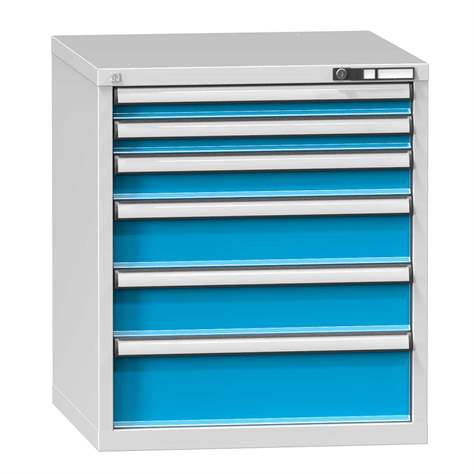 Zásuvková dielenská skriňa, 6 x zásuvka, v x š x h: 840 x 731 x 780 mm, farba šedá RAL7035/modrá RAL5012 - Polak CZ, s.r.o.