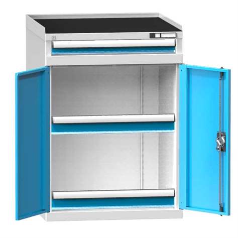 Box container - dulap pentru unelte, scule și instrumente CNC, lxLxH: 731x620x1010 mm, corp gri RAL7035/ușă albastră RAL5012 - Polak CZ, s.r.o.