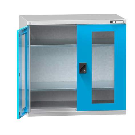 Dulap metalic de atelier cu uși batante cu fereastră transparentă, HxLxl: 1000x1044x655 mm, 2 x polițe 100 kg, gri RAL7035/albastru RAL5012 - Polak CZ, s.r.o.