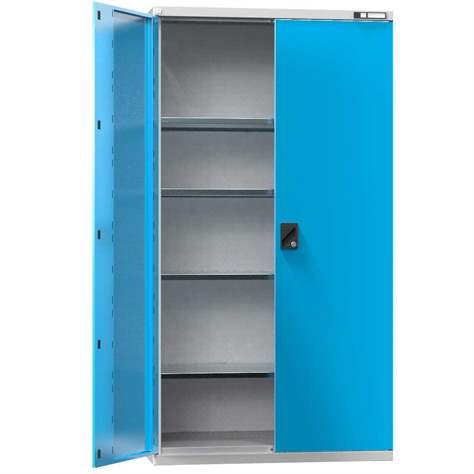 Werkstatt-Schrank, HxBxT: 1950 x 1044 x 655 mm, Flügeltüren, 4 x Fachböden 100 kg, Farbe Lichtgrau RAL7035/Blau RAL5012 - Polak CZ, s.r.o.