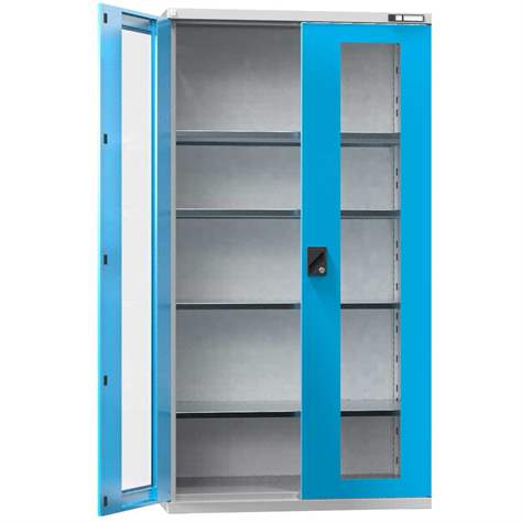 Werkstatt-Schrank, HxBxT: 1950 x 1044 x 655 mm, Flügeltüren mit Sichtfenster, 4 x Fachböden 100 kg, Farbe Lichtgrau RAL7035/Blau RAL5012 - Polak CZ, s.r.o.