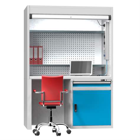 Kontrolné pracovisko š x h x v: 1462x753x2069 mm, 5x zásuvka, 1x skrinka, dvierka farba šedá RAL7035 - Polak CZ, s.r.o. - obrázok2