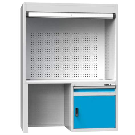 Kontrolné pracovisko š x h x v: 1462x753x1969 mm, 1x zásuvka, 1x skrinka, dvierka farba šmodrá RAL5012 - Polak CZ, s.r.o.