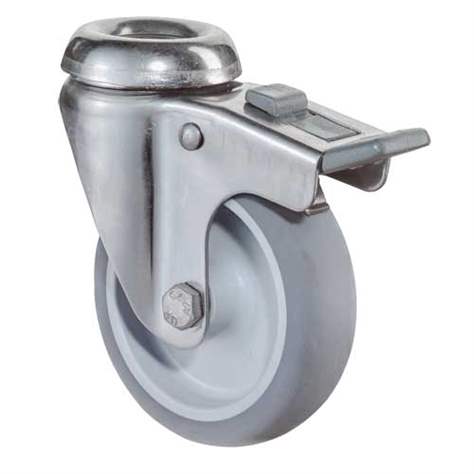 Apparate-Lenkrolle mit Feststeller, Gabel aus Edelstahl, Durchm. 125 mm, mit Rückenloch, Traglast 70 kg