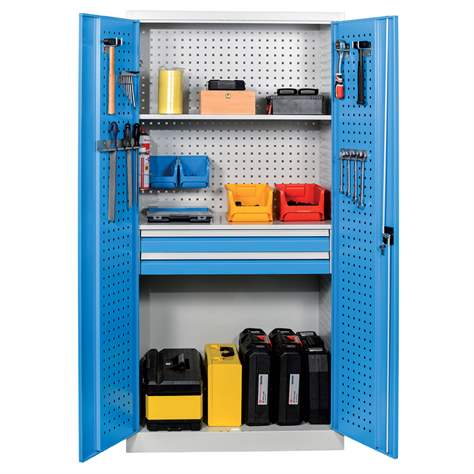 Dílenská skříň na nářadí, v x š x h: 1950 x 950 x 600 mm, perforované panely, 2 x police, barva šedá RAL7035 / modrá RAL5012 - Kovos Verneřice - obrázek2