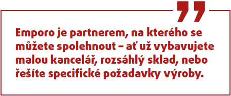 Obrázek s citací: Emporo je partnerem, na kterého se můžete spolehnout – ať už vybavujete malou kancelář, rozsáhlý sklad, nebo řešíte specifické požadavky výroby