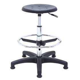 Taburet de lucru atelier productie ergonomic rotativ pentru industrie înalt POLO cu glisoare și inel de sprijin pentru picioare, șezut din poliuretan, negru