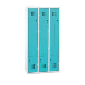 Garderobenschrank 'Z' - WEMO, 3 x 300 mm, Türfarbe Türkisblau RAL5018, ohne Füße, Drehriegelverschluss