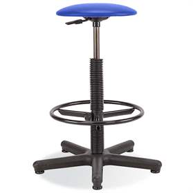 Hoher Arbeitshocker GOLIAT mit Bodengleitern und Fußring, Stoffbezug, blau.