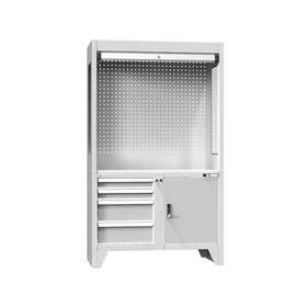 Dulap metalic multifunțional - stație de control, lxLxH: 1200x600x2030 mm, 4x sertare, 1 x dulăpior cu poliță, corp gri RAL7035/uși gri RAL7035