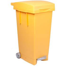 Koš plastový na tříděný odpad, objem 80 l, s pedálem, nádoba i víko v barvě žluté