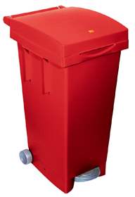 Koš plastový na tříděný odpad, objem 80 l, s pedálem, nádoba i víko v barvě červené
