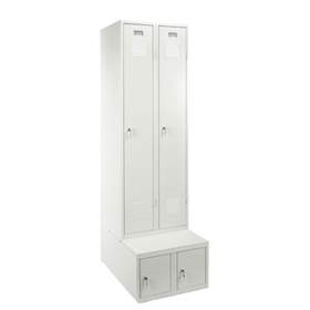 Dulap metalic pentru vestiar, sudat, 2 x 300 mm, uși gri RAL7035, soclu tip cutie de depozitare