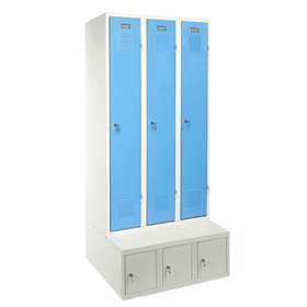 Dulap metalic pentru vestiar, sudat, 3 x 300 mm, uși albastre RAL5012, soclu tip cutie de depozitare