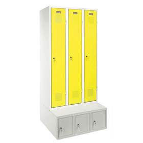 Garderobenschrank, geschweißt, 3 x 300 mm, Türfarbe gelb RAL1023, mit Aufbewahrungsbox