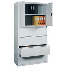 Stahl-Fachbodenschrank mit Registratur, 4 Schubladen + Schrank 714 mm, Farbe grau RAL7035