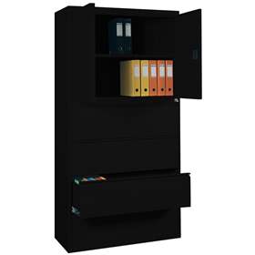 Stahl-Fachbodenschrank mit Registratur, 4 Schubladen + Schrank 714 mm, Farbe schwarz RAL9005