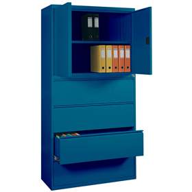 Stahl-Fachbodenschrank mit Registratur, 4 Schubladen + Schrank 714 mm, Farbe blau RAL5010