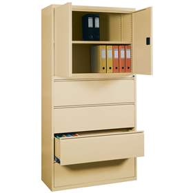 Stahl-Fachbodenschrank mit Registratur, 4 Schubladen + Schrank 714 mm, Farbe beige RAL1015