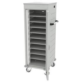 Schrank für Notebooks mit Ladung, 10 Fächer, BxTxH: 530x540x1250 mm, Gehäuse Lichtgrau RAL7035/ Türfarbe Lichtgrau RAL7035
