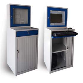 Computer-Schrank für LCD Monitore, mit Rollladentür, Gesamtmaße (HxBxT): 1750x640x630 mm, Grau RAL7035/Enzianblau RAL5010