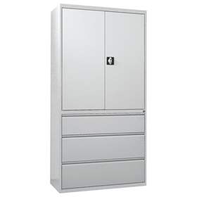 Stahl-Fachbodenschrank mit Registratur, 3 Schubladen + Schrank 1064 mm, Farbe grau RAL7035