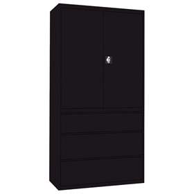 Stahl-Fachbodenschrank mit Registratur, 3 Schubladen + Schrank 1064 mm, Farbe schwarz RAL9005