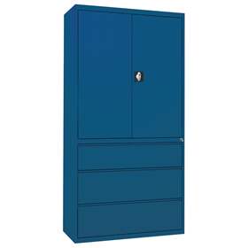 Stahl-Fachbodenschrank mit Registratur, 3 Schubladen + Schrank 1064 mm, Farbe blau RAL5010