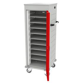 Schrank für Notebooks mit Ladung, 10 Fächer, BxTxH: 530x540x1250 mm, Gehäuse Lichtgrau RAL7035/ Türfarbe Rot RAL3020