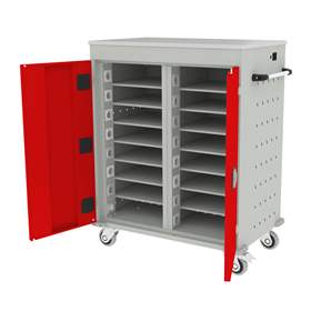 Schrank für Notebooks, mit Ladung, 16 Fächer, BxTxH: 920x540x1060 mm, Gehäuse Lichtgrau RAL7035/ Türfarbe Rot RAL3020