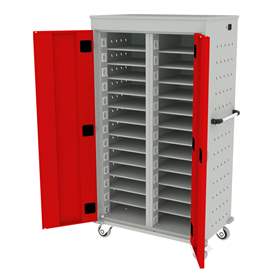 Schrank für Notebooks, mit Ladung, 26 Fächer, BxTxH: 920x540x1540 mm, Gehäuse Lichtgrau RAL7035/ Türfarbe Rot RAL3020