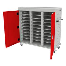 Schrank für Notebooks, mit Ladung, 30 Fächer, BxTxH: 1310x540x1250 mm, Gehäuse Lichtgrau RAL7035/ Türfarbe Rot RAL3020