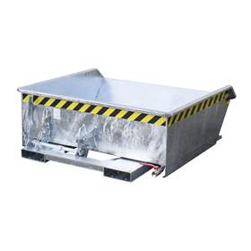 Nízký výklopný přepravník se sítkem, výpustný kohout, objem 460 l, nosnost 1000 kg, d x š x v: 1385x1280x450 mm, žárově zinkovaná