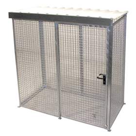 Gasflaschen-Container, mit Dach, einflügelige Tür, max. flashen 32 x Ø 230 mm, LxBxH: 2100x1085x2160 mm, feuerverzinkt