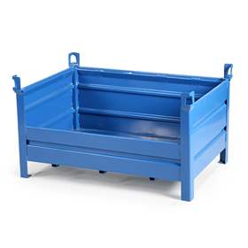 Boxcontainer - container metalic stivuibil de transport,  1200 x 800 mm, 3 pereți plini, 1 perete lateral jos, albastru RAL5010