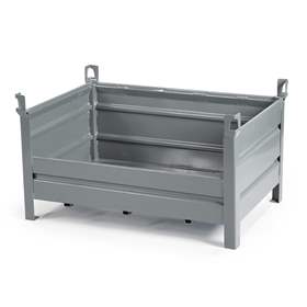 Stapelbehälter, 1200 x 800 mm, 3 Vollwände, 1 niedrige Längswand , Farbe grau RAL7005
