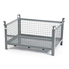 Boxcontainer - container metalic stivuibil de transport,  1200 x 800 mm, 3 pereți tip grilaj, 1 perete lateral lat jos, culoare gri RAL7005