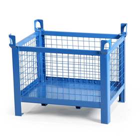 Boxcontainer - container metalic stivuibil de transport, 800 x 600 mm, 4 pereți tip grilaj, albastru RAL5010