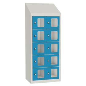 Minibox, 10 Fächer mit Sichtfenster, Gesamtmaße (HxBxT): 1090x430x300 mm, Korpusfarbe Lichtgrau RAL7035/ Türfarbe Blau RAL5012