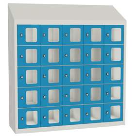 Minibox, 25 Fächer mit Sichtfenster, Gesamtmaße (HxBxT): 1090x1000x300 mm, Korpusfarbe Lichtgrau RAL7035/ Türfarbe Blau RAL5012
