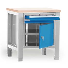 Werkstatt-Tisch TECHNO, Einzelmodul Breite 800 mm, 2 Schubladen, Schrank, Farbe lichtgrau RAL7035/blau RAL5012.
