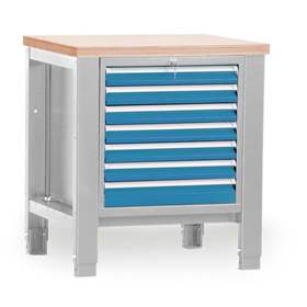 Werkstatt-Tisch TECHNO, Einzelmodul Breite 800 mm, 7 Schubladen, Farbe lichtgrau RAL7035/blau RAL 5012.