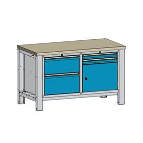 Banc masă de atelier TECHNO, modul dublu lățime 1400 mm, 4 sertare, dulap, gri RAL7035/albastru RAL5012.