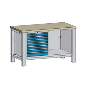 Banc masă de atelier TECHNO, modul dublu lățime 1400 mm, 7 sertare, gri RAL7035/albastru RAL5012.