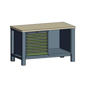 Werkstatt-Tisch TECHNO, Doppelmodul Breite 1400 mm, 7 Schubladen, Farbe anthrazit RAL7016/grün RAL6011.