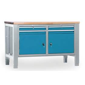 Werkstatt-Tisch TECHNO, Doppelmodul Breite 1400 mm, 4 Schubladen, 2 Schränke, Farbe lichtgrau RAL7035/blau RAL5012.
