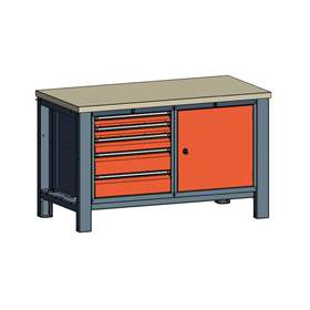 Werkstatt-Tisch TECHNO, Doppelmodul Breite 1400 mm, 5 Schubladen, Schrank, Farbe anthrazit RAL7016/orange RAL2004.