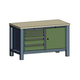 Werkstatt-Tisch TECHNO, Doppelmodul Breite 1400 mm, 5 Schubladen, skrinka, Farbe anthrazit RAL7016/grün RAL6011.