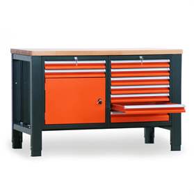 Banc masă de atelier TECHNO, modul dublu lățime 1400 mm, 9 sertare, dulap, culoare antracit RAL7016/portocaliu RAL2004.